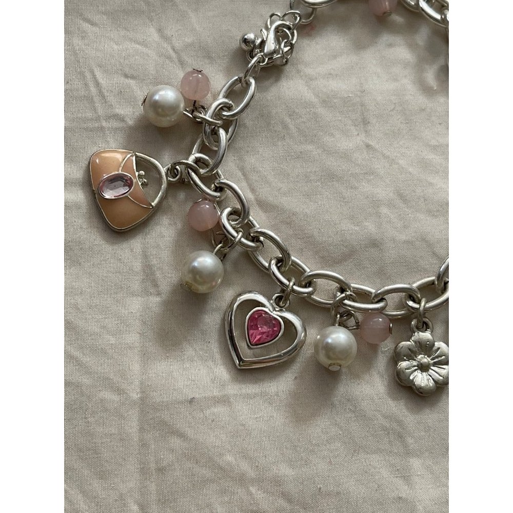 #1 Mom Silver Tone Pink/White Chain Link Charm Bracelet